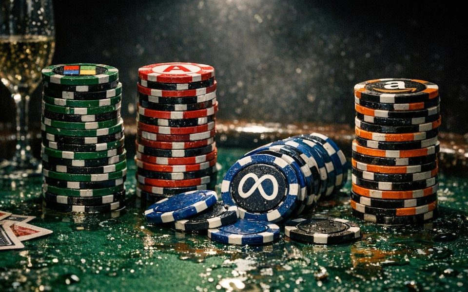 Poker-Chips mit Microsoft, Alphabet, Meta und Amazon Logos auf nassem Spieltisch