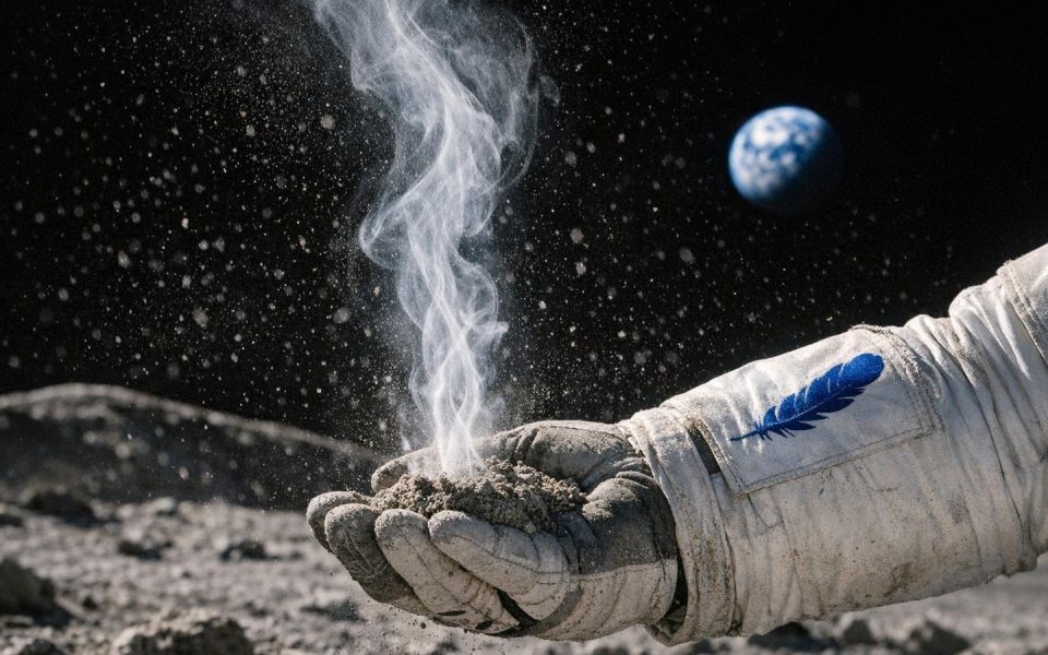 Astronaut mit Blue Origin Logo hält Mondstaub, aus dem Sauerstoff aufsteigt
