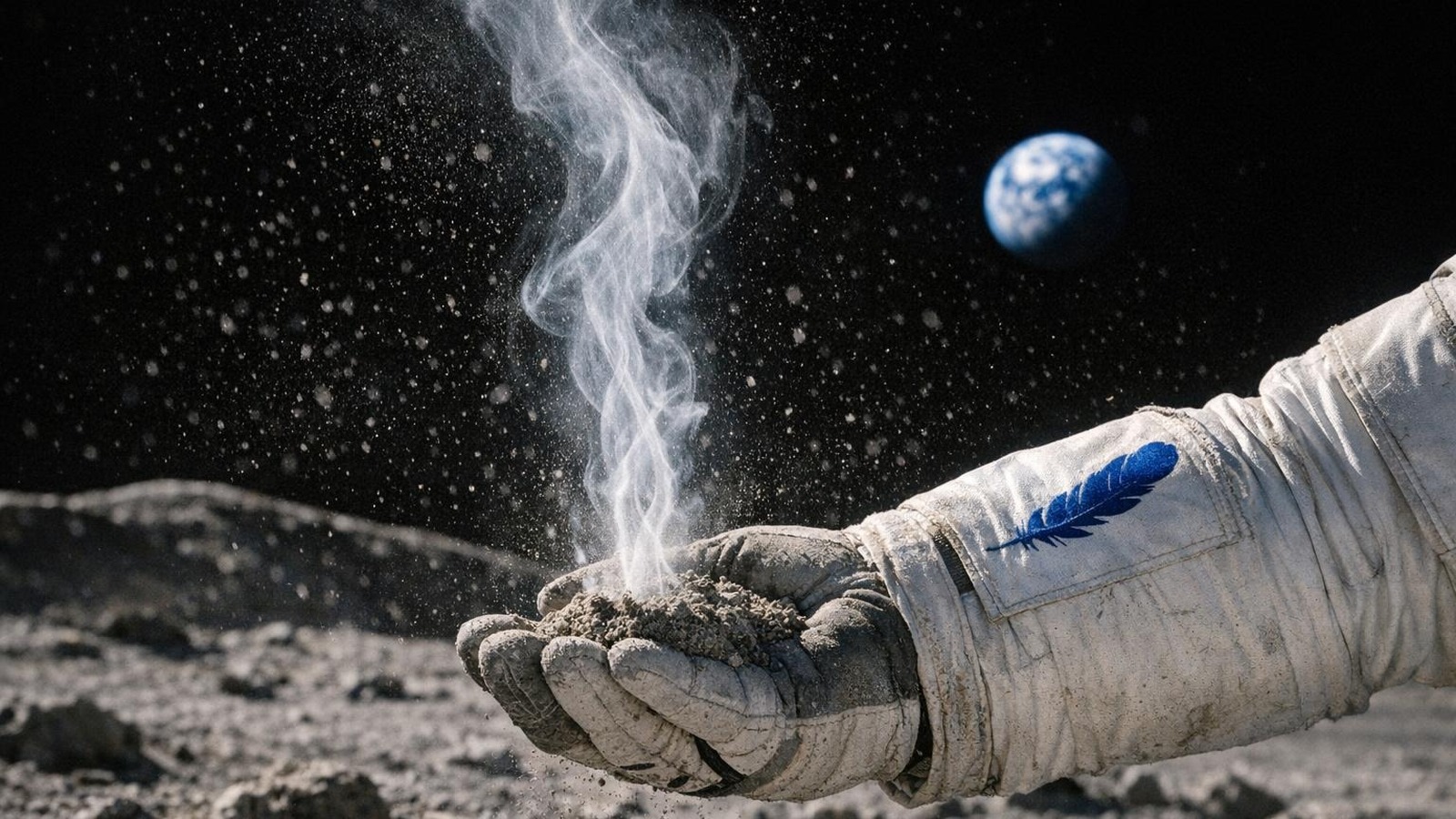 Astronaut mit Blue Origin Logo hält Mondstaub, aus dem Sauerstoff aufsteigt
