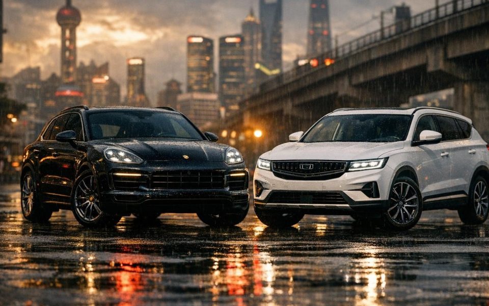 Porsche SUV neben günstigerem Geely SUV mit Preisschildern auf regennasser Straße in Shanghai
