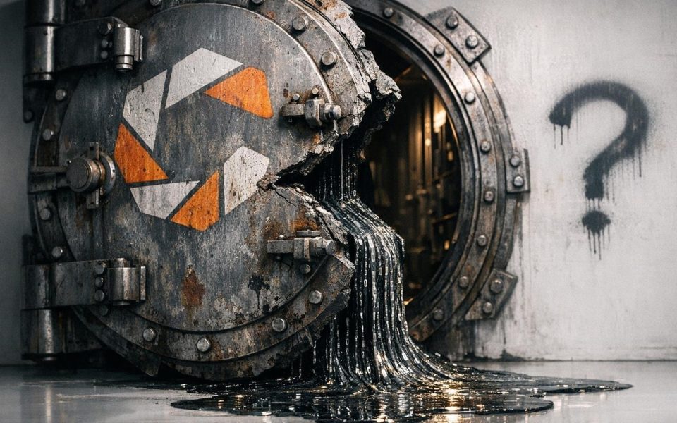 Aufgebrochener Banktresor mit Claude-Logo, aus dem Binärcode strömt