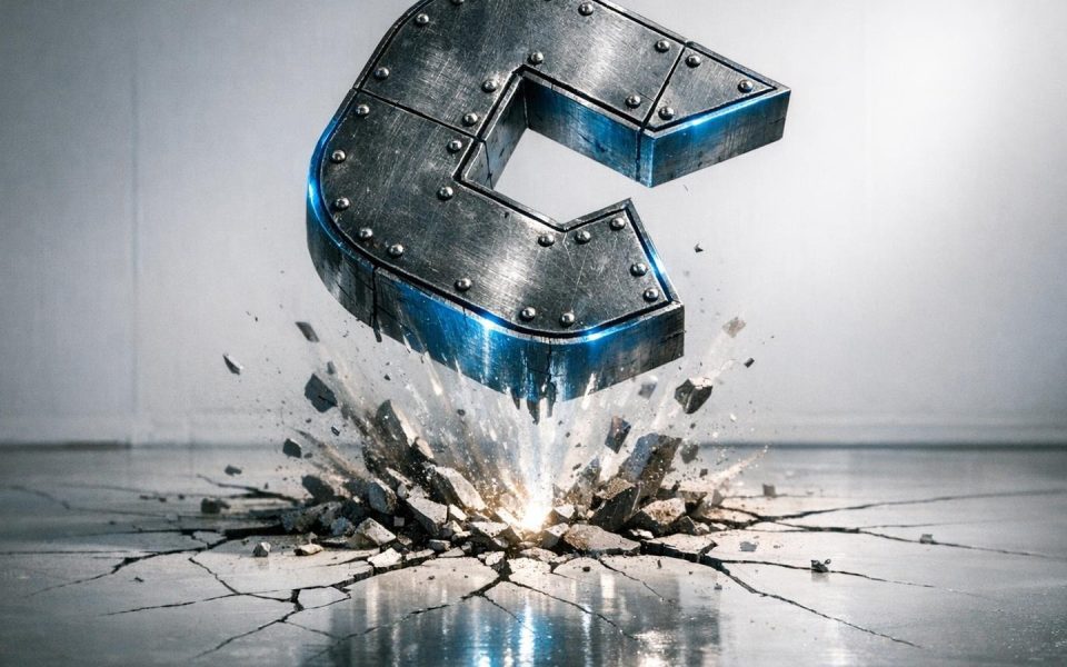 Cursor-Logo schwebt über zerborstener Studiofläche – Symbol für explosive Bewertungssteigerung