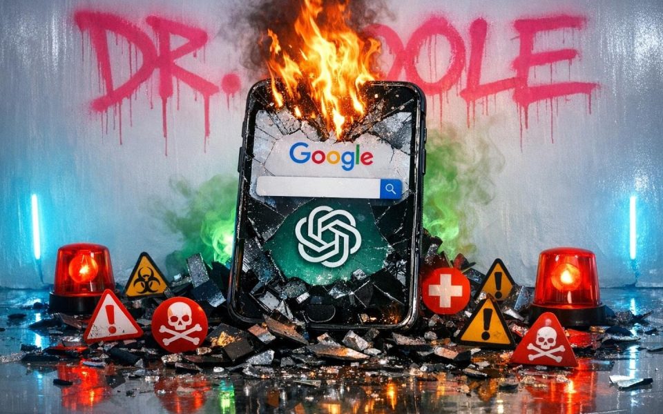 Brennendes Smartphone mit Google-Suche, umgeben von medizinischen Warnsymbolen – Cyberchondrie-Metapher