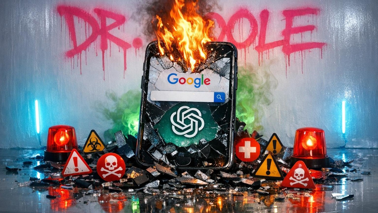 Brennendes Smartphone mit Google-Suche, umgeben von medizinischen Warnsymbolen – Cyberchondrie-Metapher