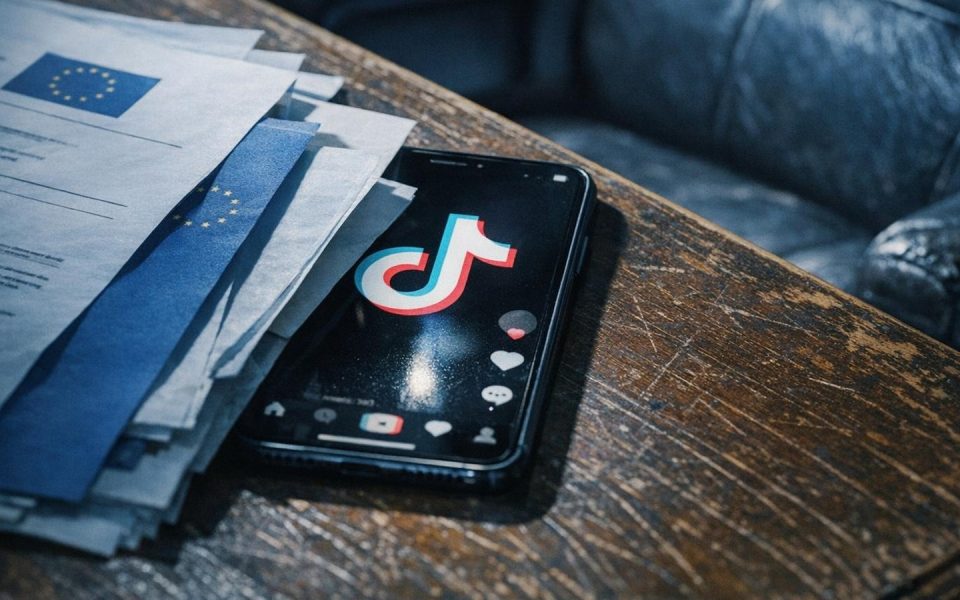 Smartphone mit TikTok-App auf Schreibtisch in Brüsseler Regierungsgebäude, bedeckt von EU-Dokumenten