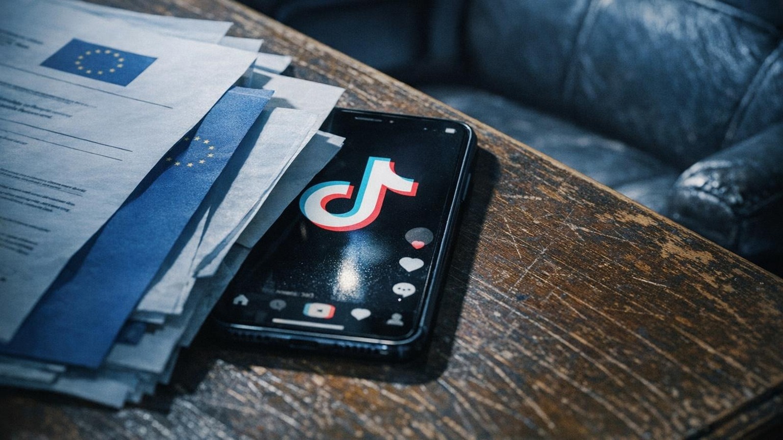 Smartphone mit TikTok-App auf Schreibtisch in Brüsseler Regierungsgebäude, bedeckt von EU-Dokumenten