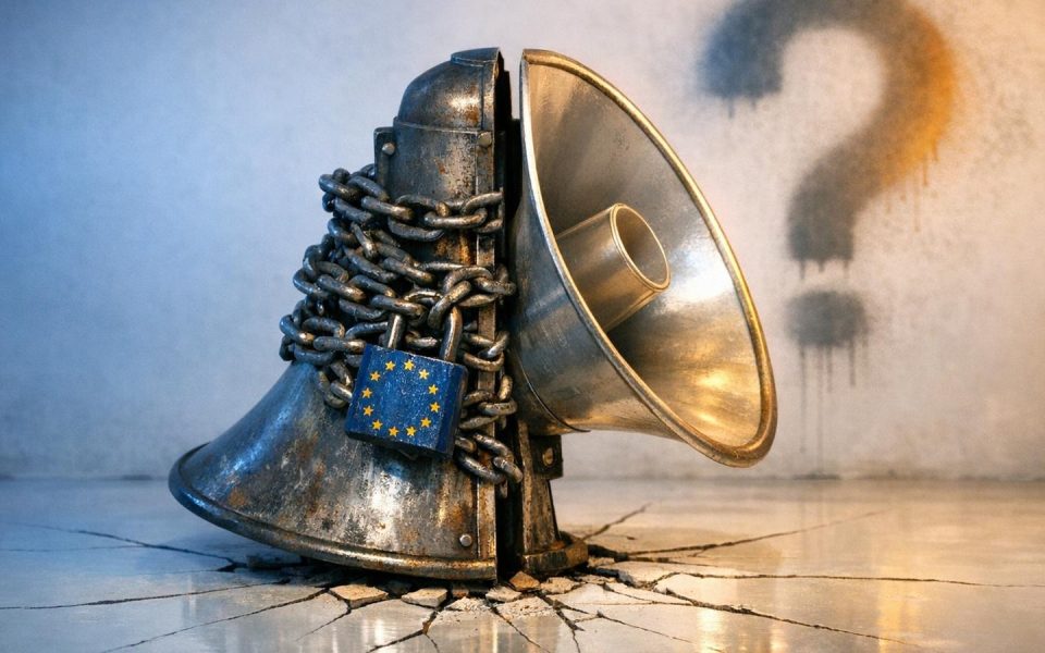Geteiltes Megaphon symbolisiert Spannungsfeld zwischen EU-Regulierung und Meinungsfreiheit im digitalen Raum