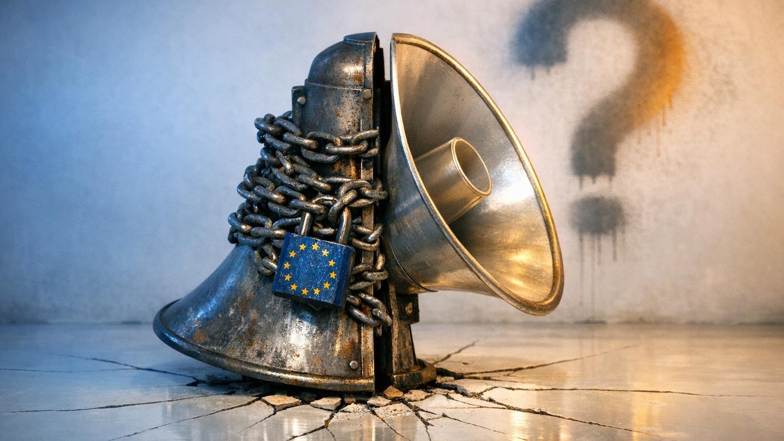 Geteiltes Megaphon symbolisiert Spannungsfeld zwischen EU-Regulierung und Meinungsfreiheit im digitalen Raum