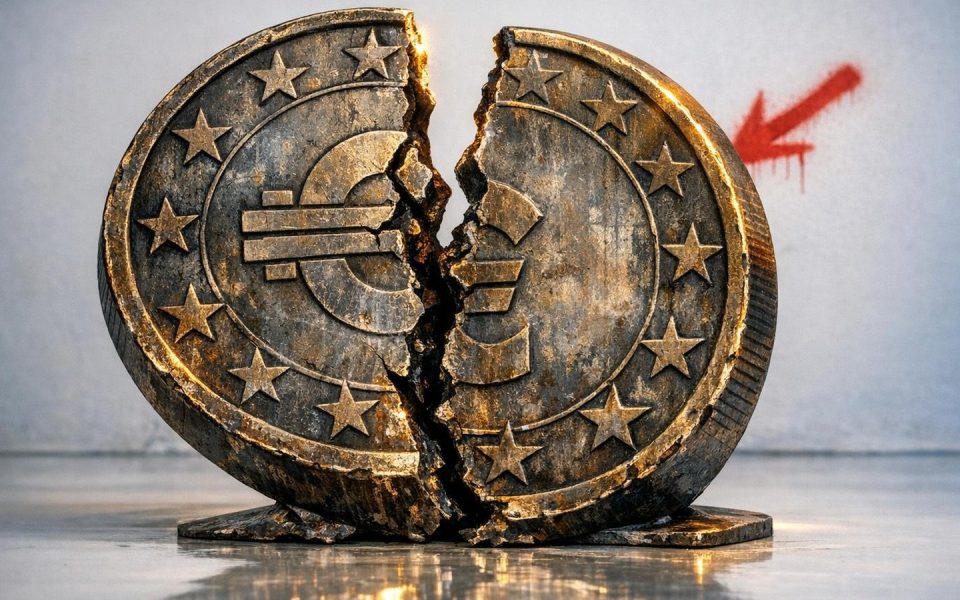 Zerrissene Euro-Münze symbolisiert EZB-Dilemma zwischen Inflation und Zinspolitik
