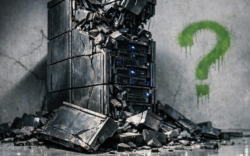 Zusammenbrechender KI-Server-Turm als Skulptur im Studio mit Gartner-Logo auf Trümmerteil