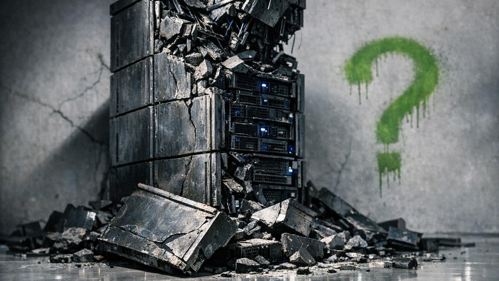 Zusammenbrechender KI-Server-Turm als Skulptur im Studio mit Gartner-Logo auf Trümmerteil