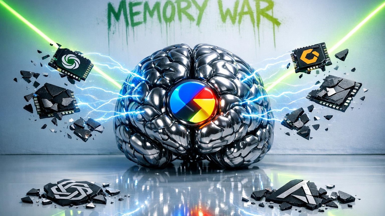 Metallisches Gehirn mit Google-Logo zieht ChatGPT- und Claude-Fragmente magnetisch an