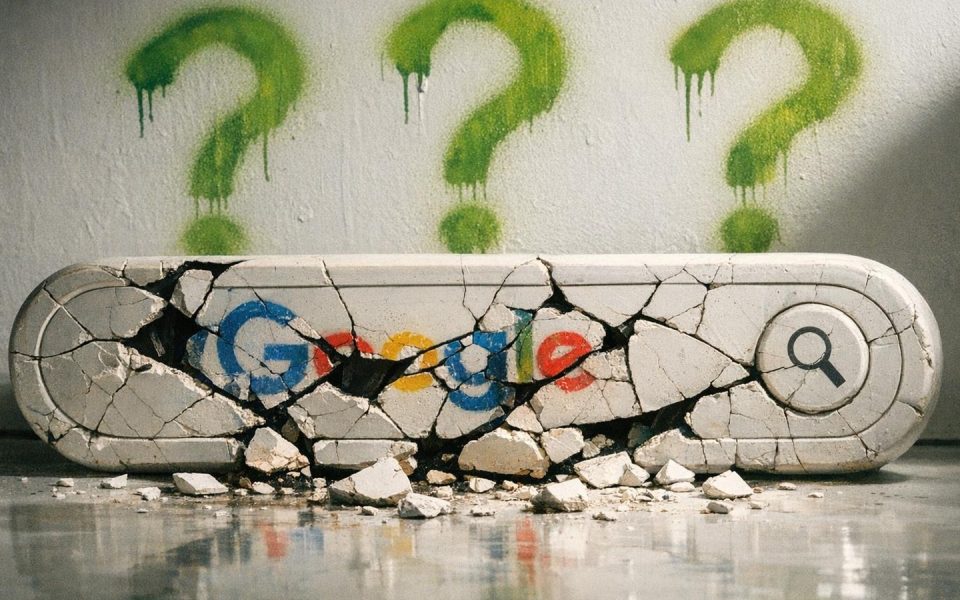 Zerbrochene Google-Suchleiste aus Porzellan mit Rissen und herausgefallenen Fragmenten im weißen Studio