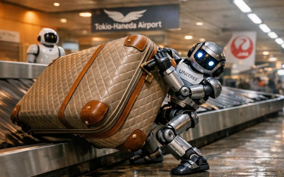 Kleiner Unitree G1 Roboter kämpft mit übergroßem Koffer am Flughafen-Gepäckband