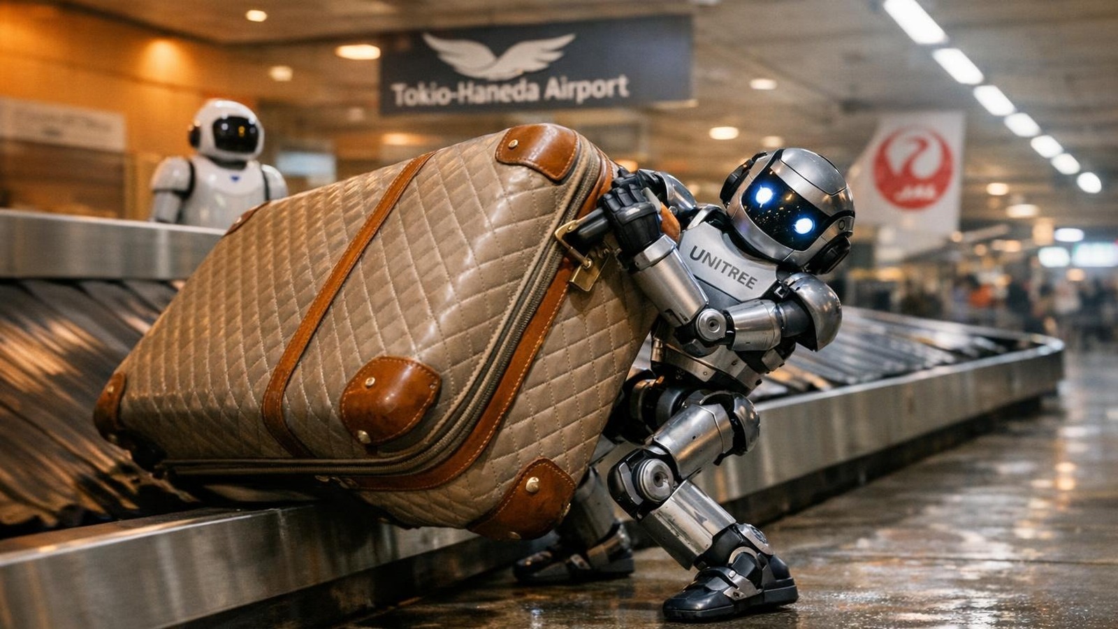 Kleiner Unitree G1 Roboter kämpft mit übergroßem Koffer am Flughafen-Gepäckband