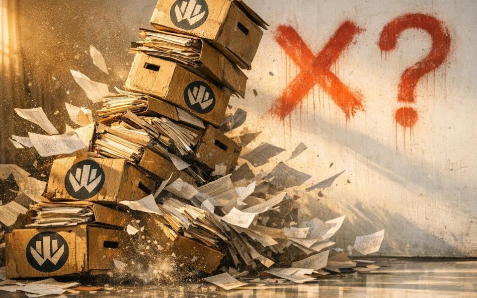 Zusammenbrechender Stapel von Insolvenz-Akten mit IWH-Logo im Studio, Papiere fliegen durch die Luft