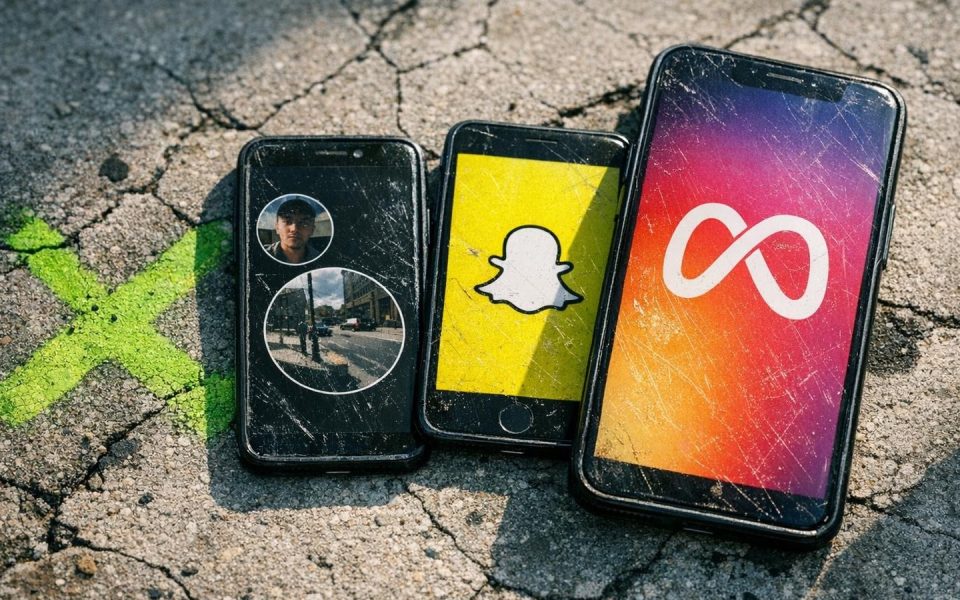 Drei Smartphones mit BeReal, Snapchat und Instagram Apps auf rissigem Beton