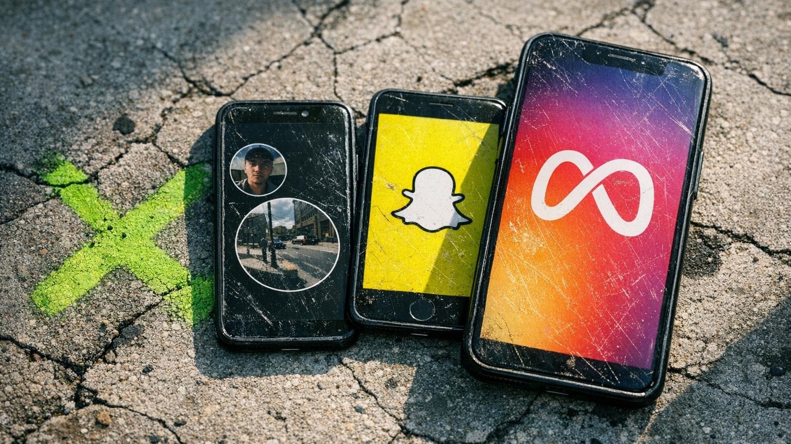 Drei Smartphones mit BeReal, Snapchat und Instagram Apps auf rissigem Beton