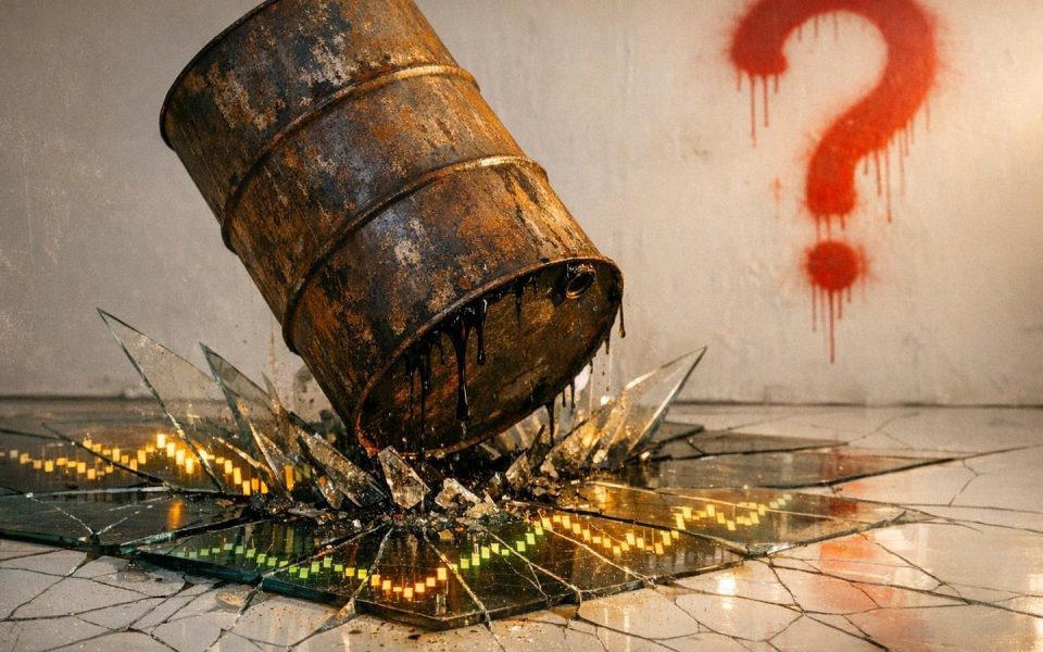 Ölfass durchschlägt gläsernen Börsenboden mit Dow Jones Ticker — Crash-Metapher