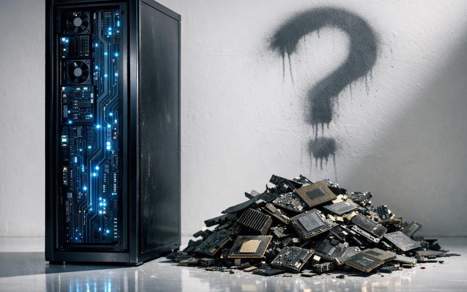 Funktionierender KI-Server neben weggeworfenen Computerchips auf weißem Studioboden
