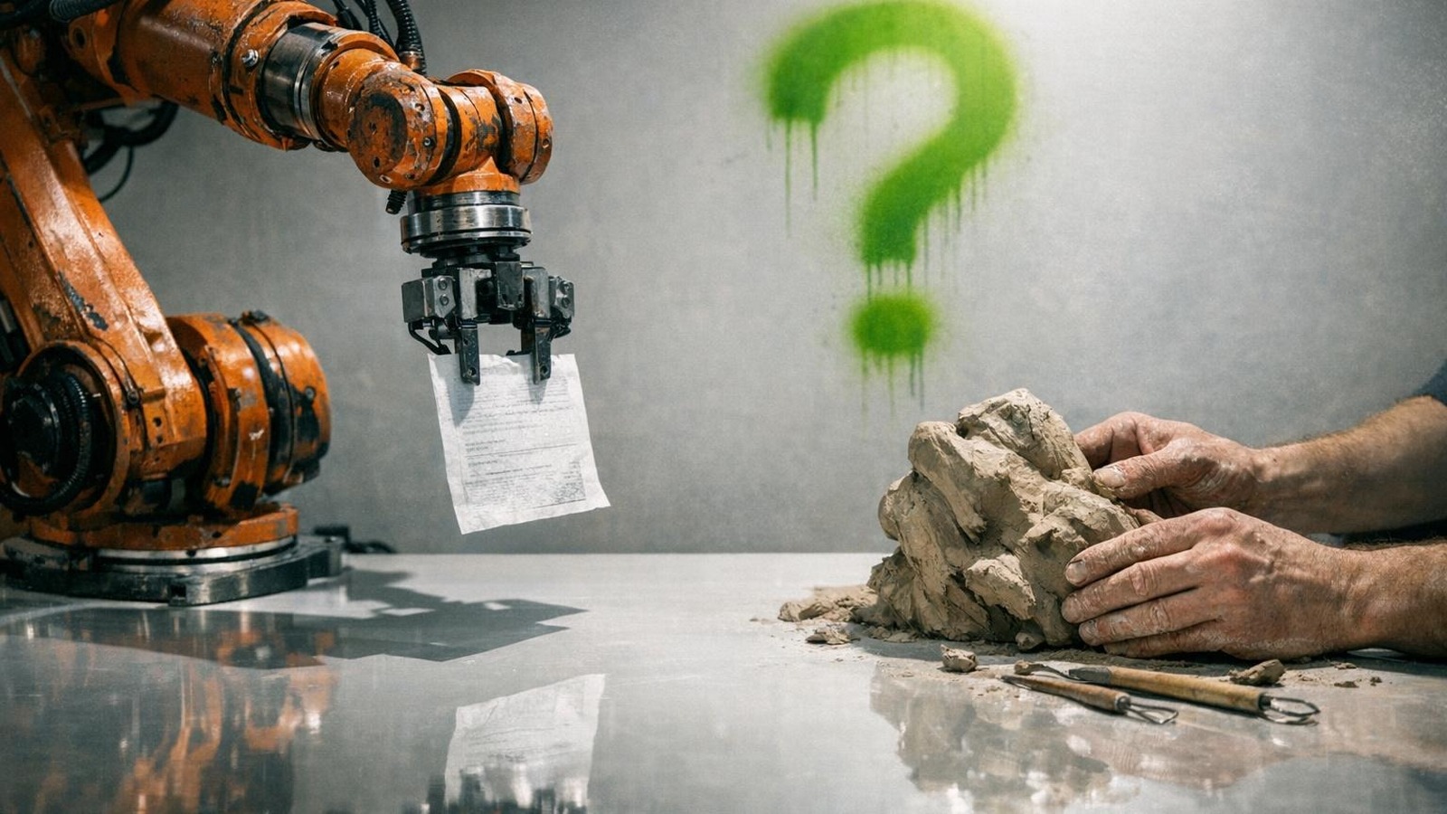 Roboterarm über Schreibtisch neben menschlichen Händen die Ton formen – Automatisierung trifft Kreativität
