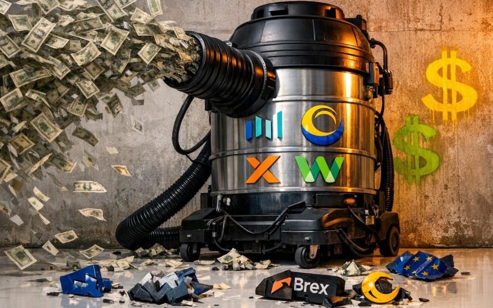 Industriestaubsauger mit KI-Firmenlogos saugt Dollarnoten auf, europäische Startup-Symbole als Trümmer