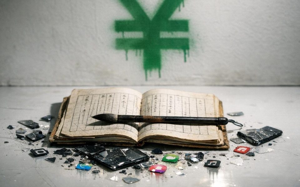 Traditionelles japanisches Notizbuch mit Stift neben zersplittertem Smartphone auf weißem Studioboden