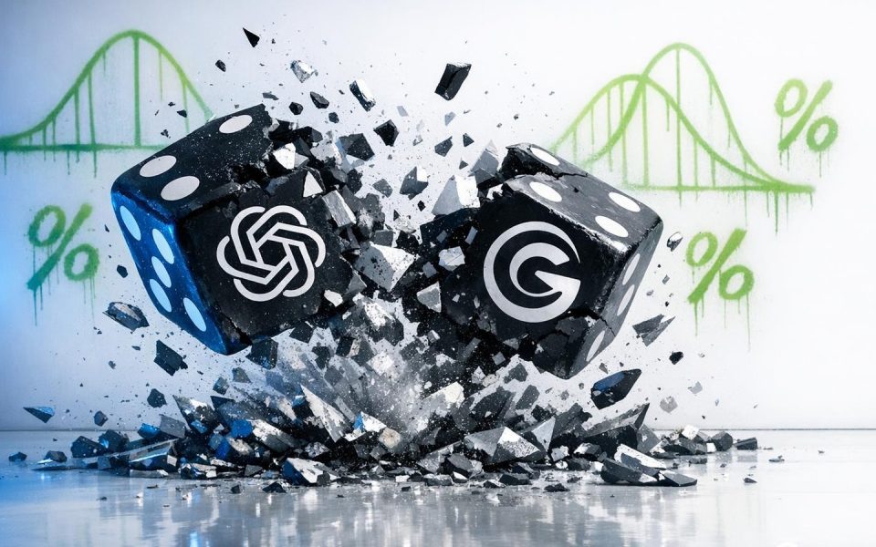 Explodierende Würfel mit MIT-Logo und mathematischen Wahrscheinlichkeitskurven im weißen Studio