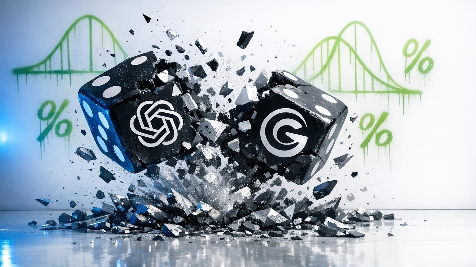 Explodierende Würfel mit MIT-Logo und mathematischen Wahrscheinlichkeitskurven im weißen Studio