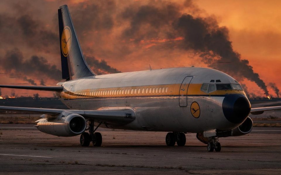 Lufthansa-Flugzeug gestrandet auf leerem Rollfeld bei dramatischem Abendhimmel mit Rauchschwaden