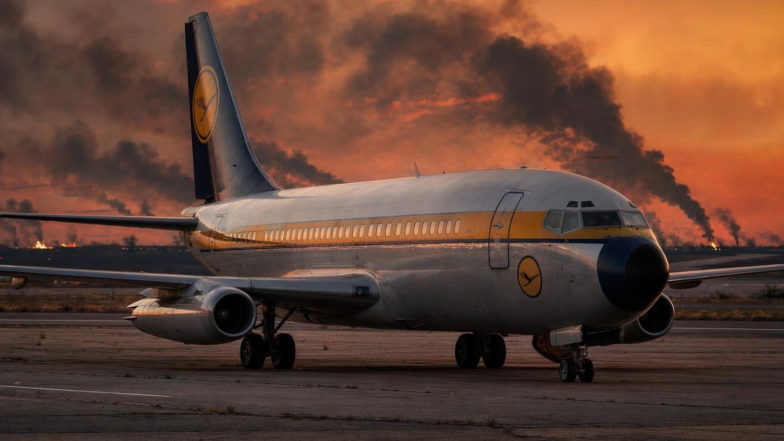 Lufthansa-Flugzeug gestrandet auf leerem Rollfeld bei dramatischem Abendhimmel mit Rauchschwaden