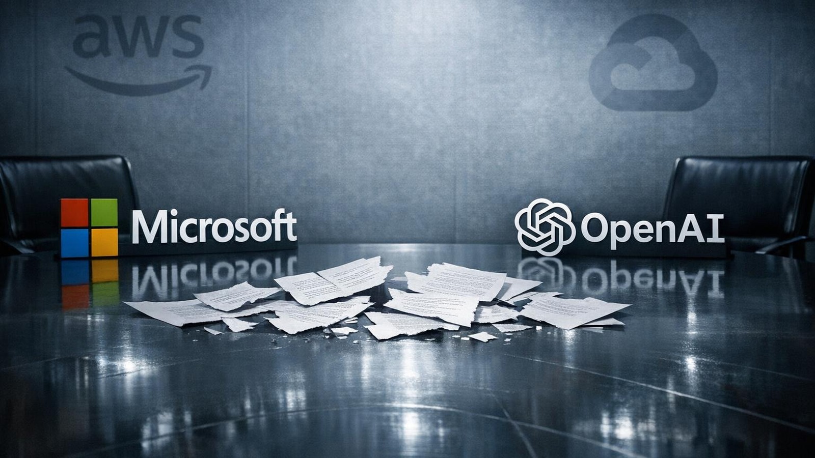 Verhandlungstisch mit Microsoft- und OpenAI-Logos, zerrissene Verträge symbolisieren Partnerschafts-Trennung