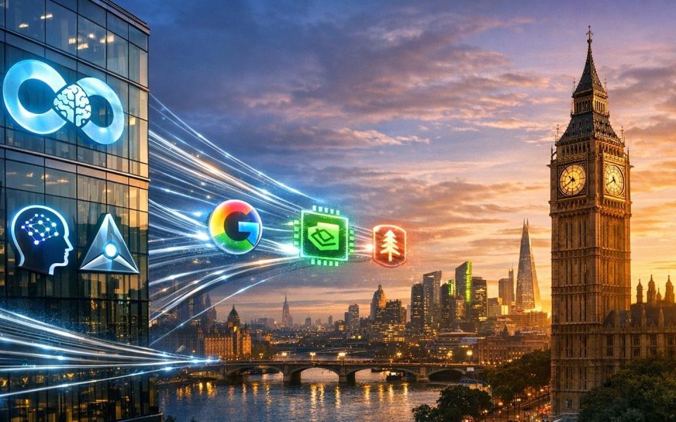 Londoner Skyline mit DeepMind-Logo und schwebenden Tech-Firmen-Symbolen als KI-Gravitationszentrum