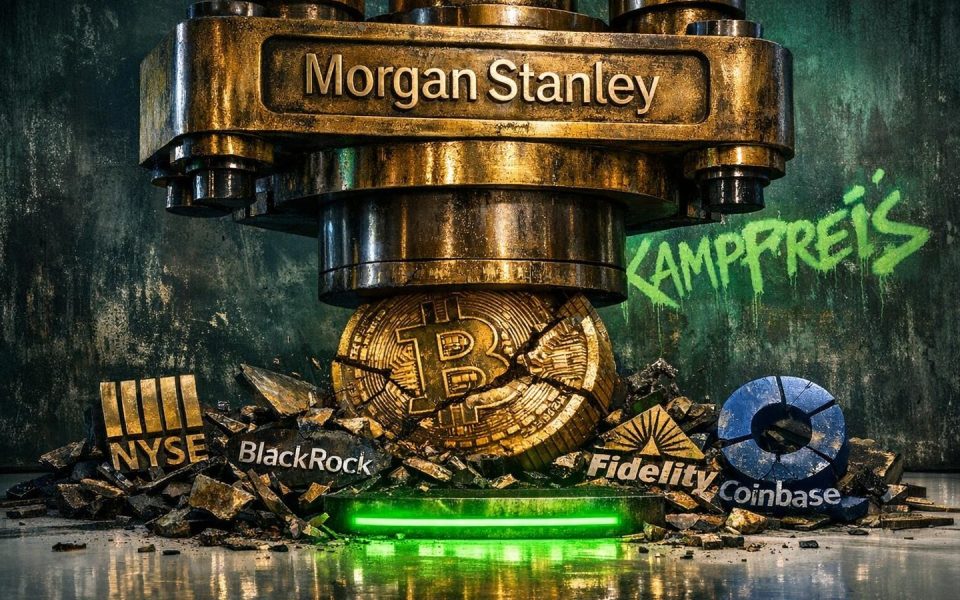 Morgan Stanley-Presse zerquetscht Bitcoin-Münze, BlackRock-Trümmer am Boden, Preisschild 0,14%