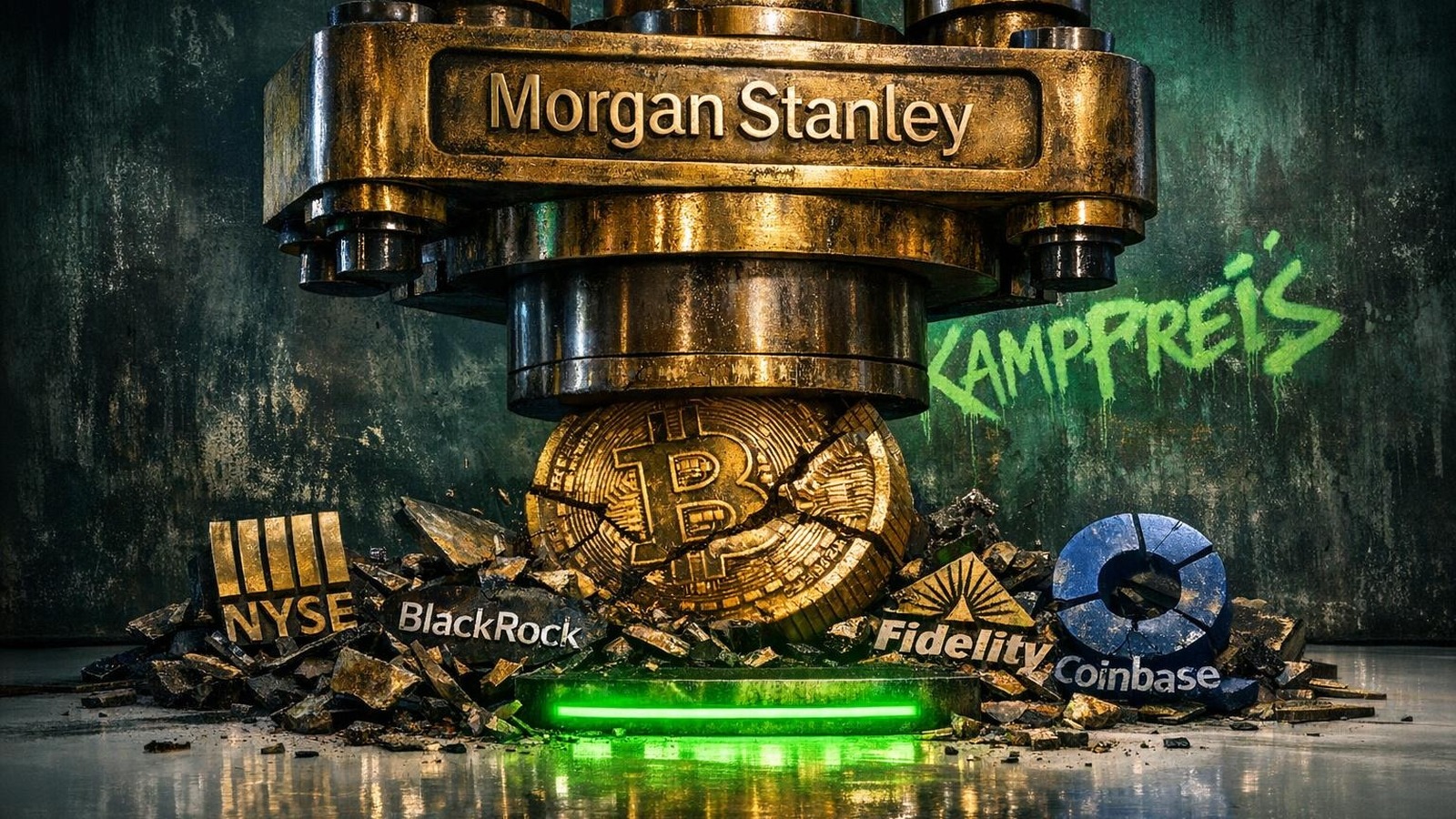 Morgan Stanley-Presse zerquetscht Bitcoin-Münze, BlackRock-Trümmer am Boden, Preisschild 0,14%