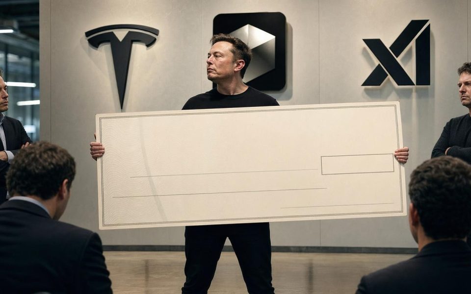 Elon Musk mit Riesenscheck vor Cursor-Logo – symbolisiert den 60-Milliarden-Deal aus Panik