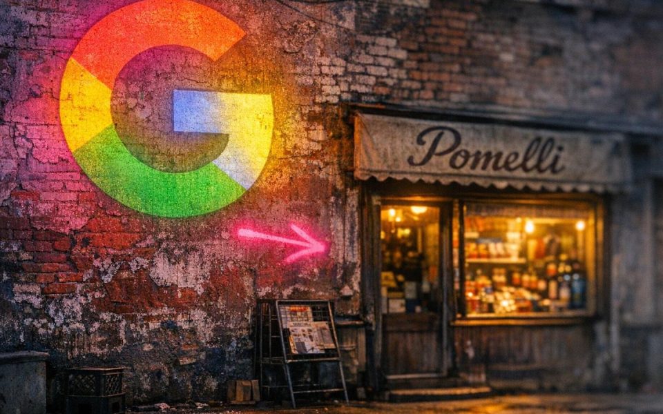 Google-Logo projiziert auf alte Ladenfront — KI-Tools für kleine Unternehmen