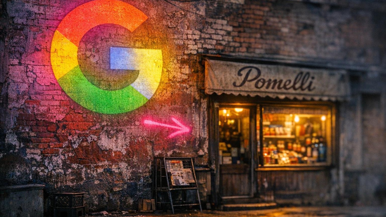 Google-Logo projiziert auf alte Ladenfront — KI-Tools für kleine Unternehmen