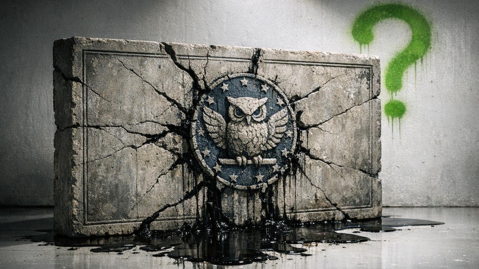 Rissiger Beton-Geldschein mit Blue Owl Siegel steht auf weißem Studioboden, dunkle Flüssigkeit sickert aus Rissen