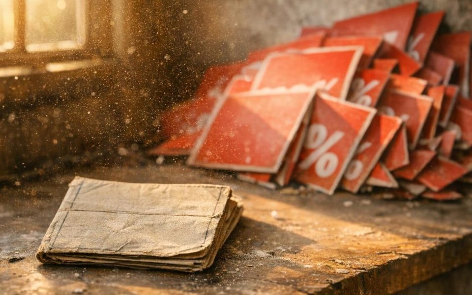 Verstaubter Rentenausweis neben ungenutzten 50-Prozent-Rabattschildern auf Holztisch