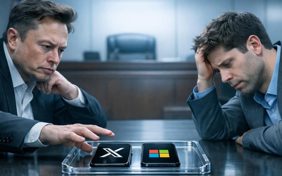 Elon Musk und Sam Altman im Gerichtssaal mit konfiszierten Smartphones zwischen sich