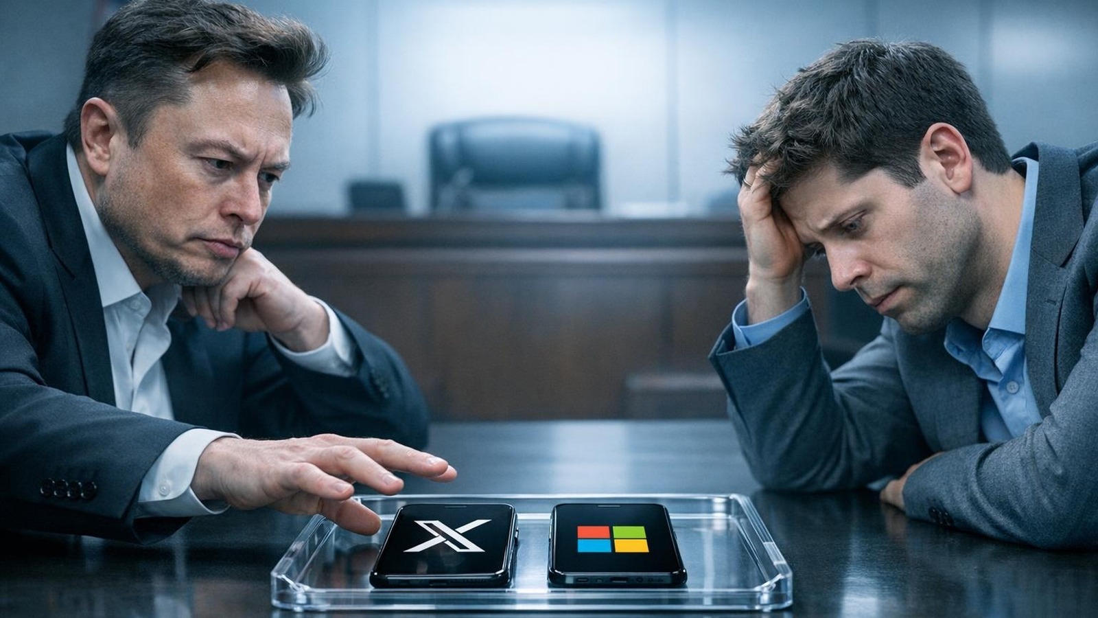 Elon Musk und Sam Altman im Gerichtssaal mit konfiszierten Smartphones zwischen sich