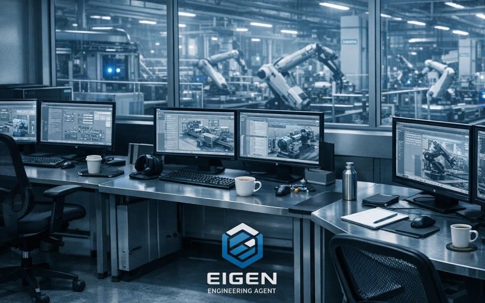 Verlassener Siemens-Kontrollraum mit leeren Ingenieurs-Arbeitsplätzen vor automatisierter Fabrikhalle