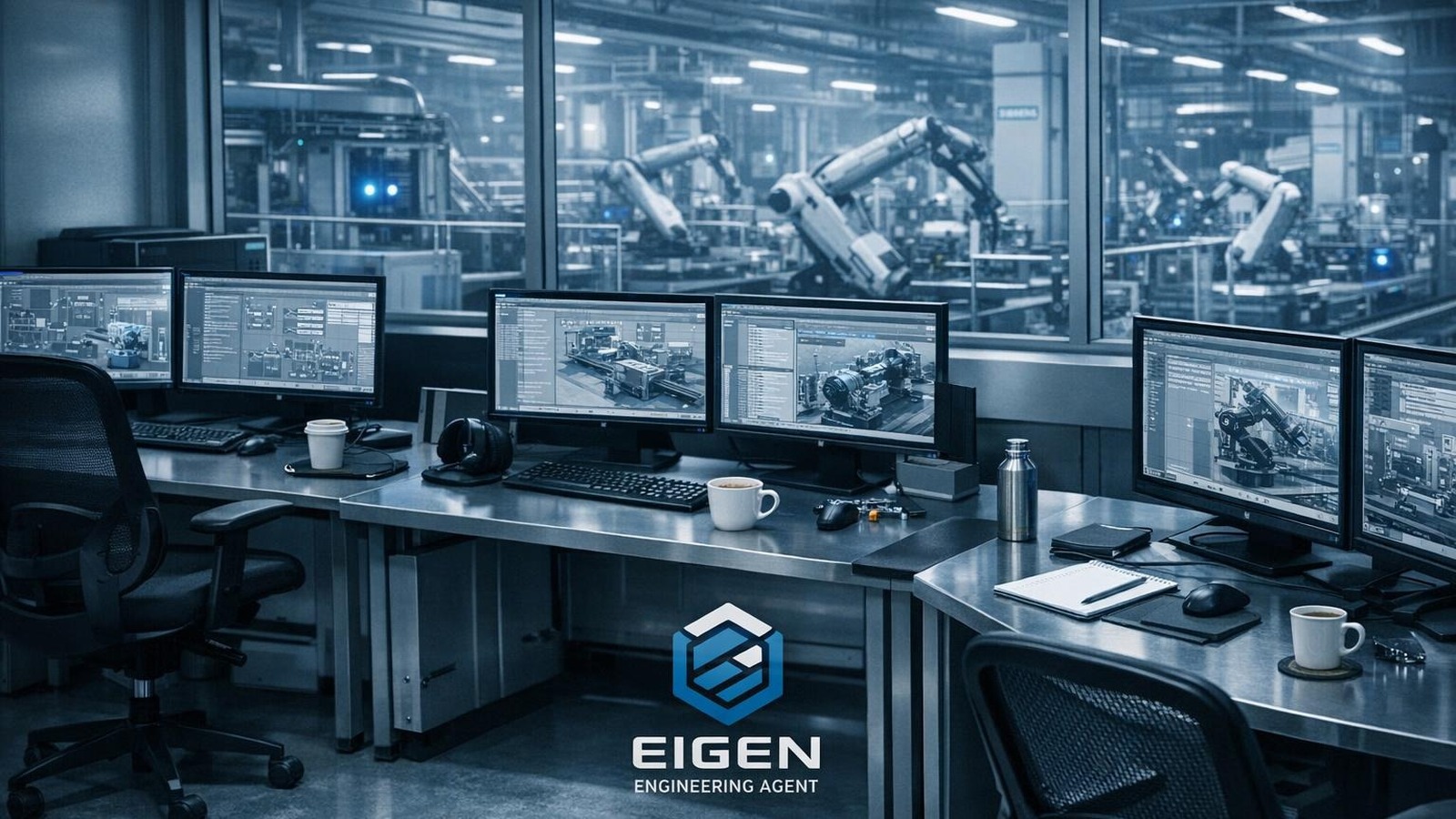 Verlassener Siemens-Kontrollraum mit leeren Ingenieurs-Arbeitsplätzen vor automatisierter Fabrikhalle