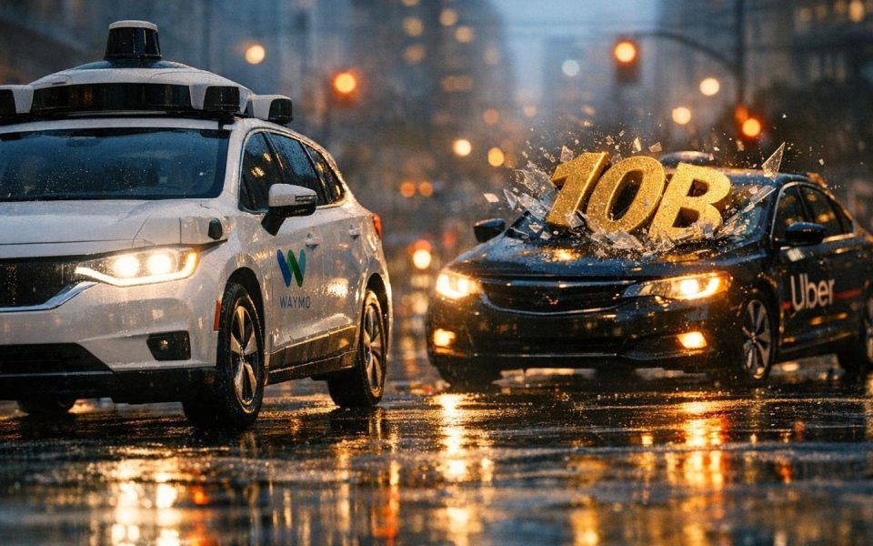 Waymo-Robotaxi und Uber-Fahrzeug mit goldenem 10-Milliarden-Preisschild auf regennasser Straße