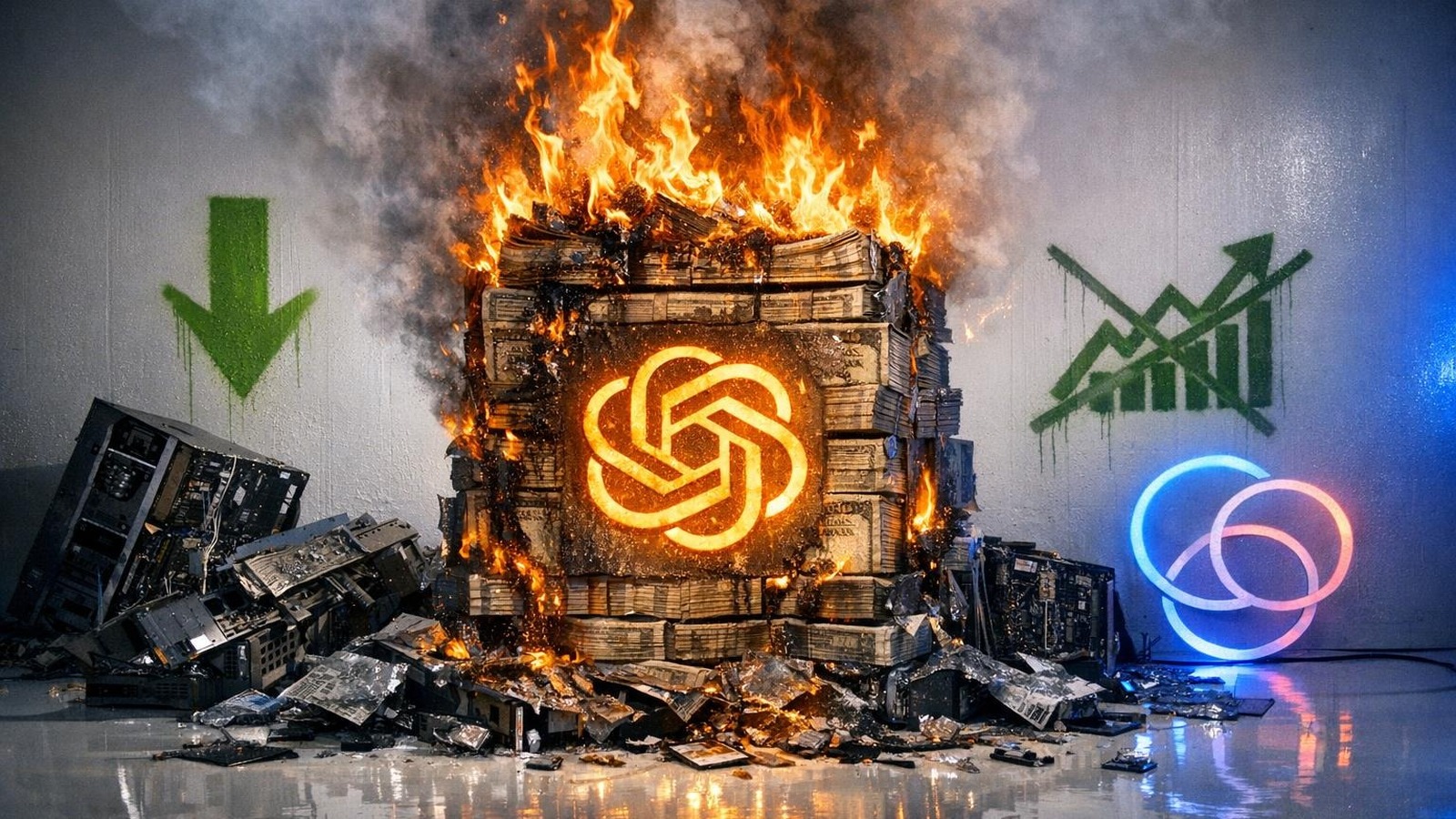 Brennender Geldstapel mit OpenAI-Logo umgeben von zerstörten Servern und Graffiti