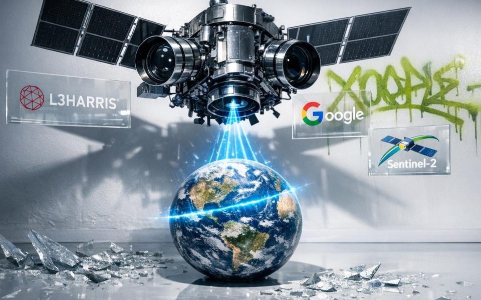 Xoople-Satellit mit Sensoren schwebt über Erdglobus, Microsoft- und Esri-Logos, Studio-Installation