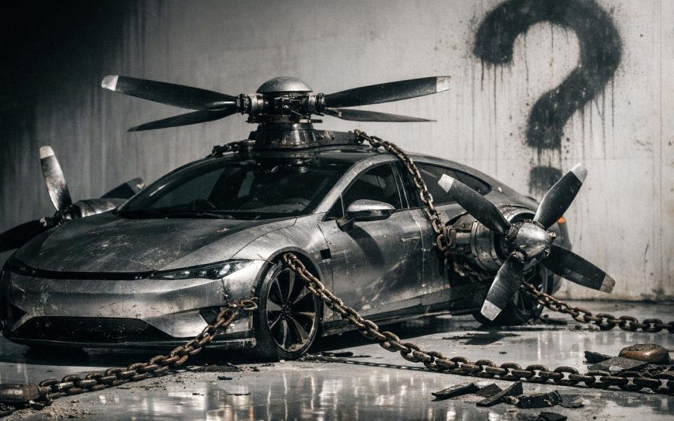 Xpeng Auto mit Propellern am Boden festgekettet — fliegende Autos als unerfülltes Versprechen