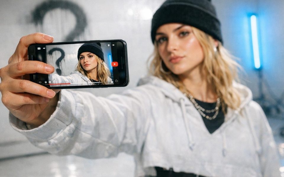 Creatorin hält Smartphone mit ihrem fotorealistischen YouTube-Avatar auf dem Display