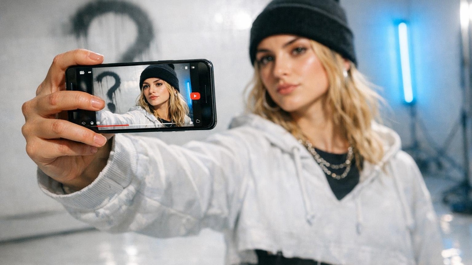 Creatorin hält Smartphone mit ihrem fotorealistischen YouTube-Avatar auf dem Display